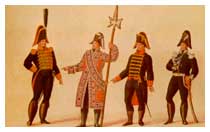 Figurini militari del 1817. L'ultimo a destra è un carabiniere a cavallo in tenuta di parata (Archicio di Stato, Torino).