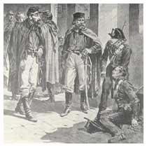 Un carabiniere sviene per l'emozione di partecipare all'arresto di Garibaldi a Figline Valdarno (disegno di Matania).