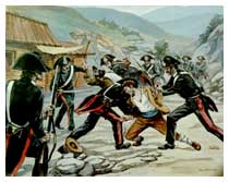 Una scena di un corpo a corpo fra carabinieri e briganti in un illustrazione di Marcello Colizzi per "la fortezza" di De Amicis. 