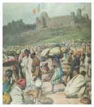 il tricolore sventola sul castello di Gondar al termine della campagna d'Etiopia (illustrazione della Domenica del Corriere).