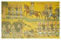 Batik eritreo raffigurante scene di combattimento con gli zaptiè. Questi uomini erano alle dirette dipendenze dei carabinieri italiani.