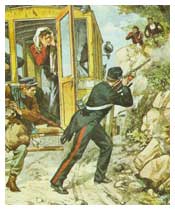 I carabinieri difendono una diligenza dall'assalto dei banditi a Orani. (Domenica del Corriere, 1901).
