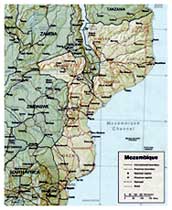 Una carta del Mozambico. Indipendente dal 1975, la nazione è stata poi per lungo tempo preda di una intensa guerriglia.