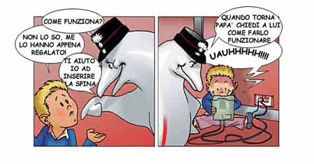 Fidelia aiuta il bimbo ad inserire la spina e avvisa il bimbo di chiedere aiuto ai genitori