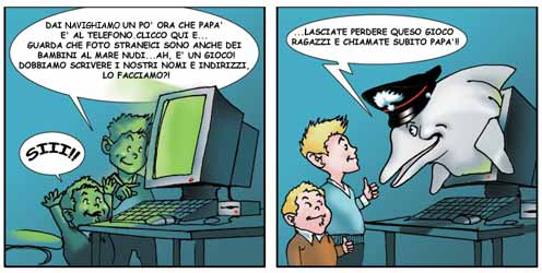 I due bambini ne approfittano e si avvicinano al computer, navigando notano foto di bambini nudi; Fidelio esce dallo schermo per dire di avvisare papà