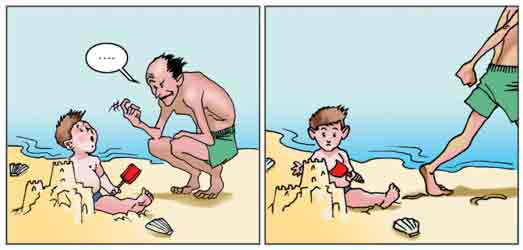 Uno sconosciuto si avvicina al bambino sulla spiaggia; dopo avere bisbigliato qualcosa se ne va