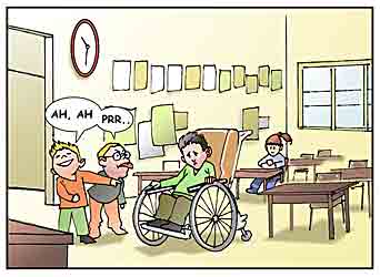 Alcuni bambini stanno deridendo un bambino disabile