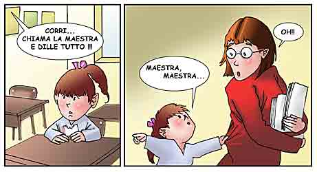 Fidelio dice ad una bambina di avvisare la maestra; la bambina va ad avvisare la maestra