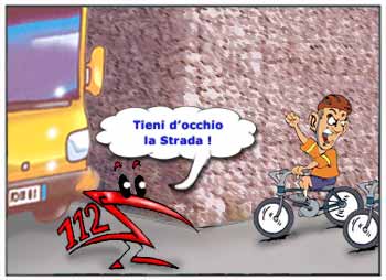 vignetta con incrocio e ragazzi in bicicletta