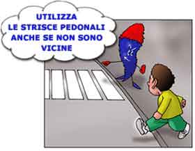 Vignetta raffigurante un bambino che stà attraversando la strada fuoui dalle strisce pedonali. 