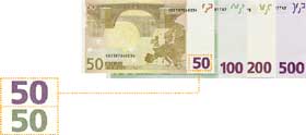 Verso di banconote da cinquanta, cento, duecento e cinquecento euro.