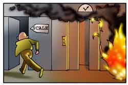 Un signore scappa da un incendio usando le scale anziché l'ascensore.
