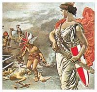 Una illustrazione simbolica la cui didascalia recita: «L'Italia trae la spada in difesa degli oppressi al fianco degli alleati contro il barbaro armato d'insidie e di ferocia»