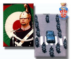 Image composée de deux photos représentant respectivement un cuirassier et une escorte d'honneur du Président de la République.