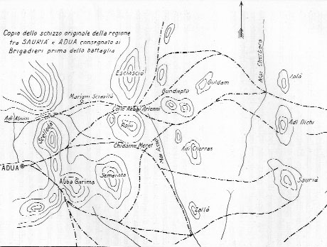Copia dello schizzo originale della regione tra Sauria e Adua consegnato ai Brigadieri prima della Battaglia.