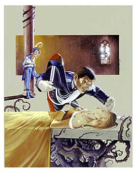 Carabiniere in uniforme 1833 in procinto di baciare la bella addormentata; il principe azzurro é legato ad una colonna