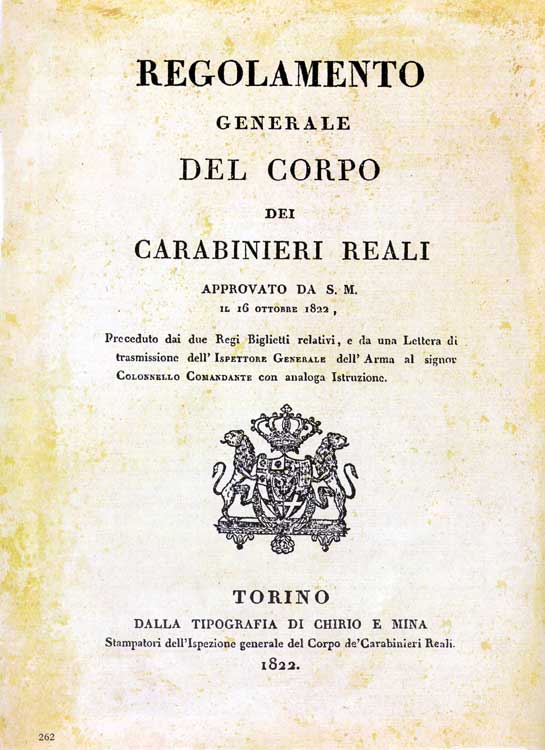 Copertina del Regolamento Generale del Corpo dei Carabinieri Reali - 16 ottobre 1822