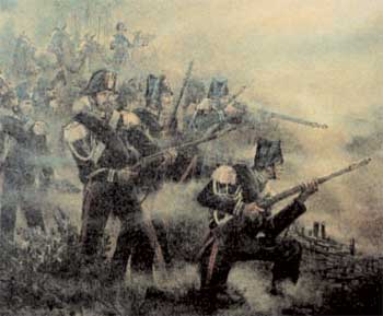 Silvano Campeggi, 'I Carabinieri alla battaglia della Cernaia' (Crimea, 16-17 agosto 1855), equipaggiati con moschetto modello 1844 a percussione, ma ancora ad avancarica.