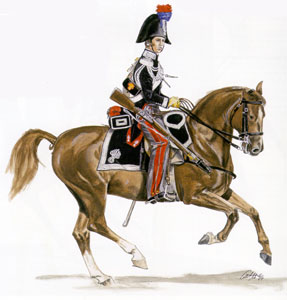 Carabiniere a cavallo in gran montura (1833). Il pantalone è grigio, come gli altri corpi dell'esercito. Nel 1834 divenne turchino scuro, come è ancora oggi la grande uniforme.
