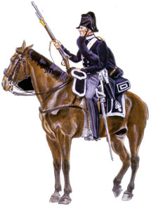 Carabiniere in uniforme da campagna del 1848 con il mantello arrotolato e messo in bandoliera. I pantaloni, color bigio tournon, hanno le doppie bande turchine.