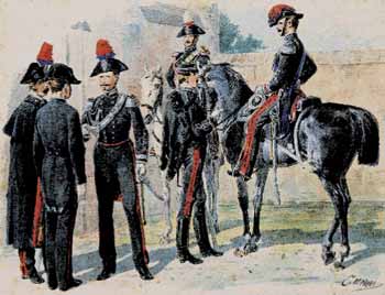 Una composizione di Quinto Cenni relativa al periodo trattato in questo capitolo. Le uniformi si riferiscono all'epoca umbertina, cioé dal 1878 in poi.