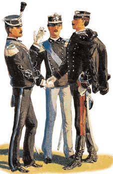 Particolare di una tavola di Quinto Cenni: vi figurano un tenente medico, un tenente veterinario e un tenente dei Carabinieri con 'spencer' (1875)
