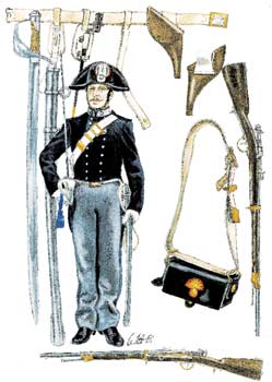 Carabiniere a cavallo del 1876 con sciabola da Cavalleria mod. 1860, giberna e buffetterie unificate del 1870; il fucile è un Carcano.