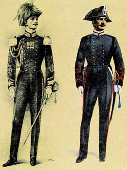 Ufficiale in grande uniforme e appuntato in uniforme ordinaria nell'interpretazione idealizzata di Giorgio Olivetti.