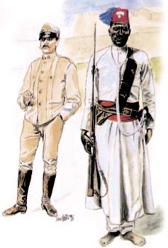 Uno zaptié in tenuta di servizio, col caratteristico 'tarbush', copricapo africano a forma di tronco di cono. In secondo piano è un tenente dei Carabinieri.