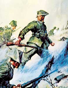 19 luglio 1915: i Carabinieri assaltano le trincee austriache sul Podgora (tavola di Vittorio Pisani).
