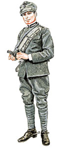 Carabiniere a cavallo con la speciale giberna a tracolla dei corpi di cavalleria. L'immagine si riferisce al 1916. L'arma è un revolver modello 1889 (disegno di Giorgio Cantelli).