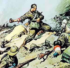 Tavola di Vittorio Pisani raffigura un momento della battaglia di Gunu-Gadu (Guerra italo-etiopica 1935-1936), in cui il carabiniere Vittoriano Cimmarrusti