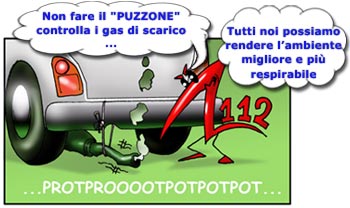 Vignetta raffigurante una vecchia auto che emette gas nocivi