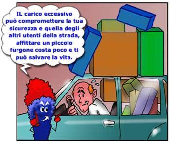 Vignetta di autovettura che trasporta innumerevoli carichi