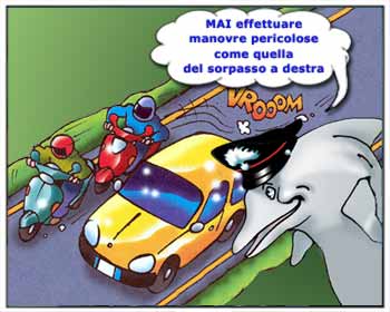 Vignetta con due motociclisti che effettuano un sorpasso di un'auto. 