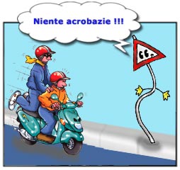 Vignetta con due ragazzi su un motorino che fanno le acrobazie. 