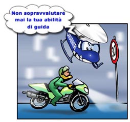 Vignetta con motociclista che corre velocemente su una strada