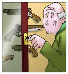 Un uomo tiene le sue pistole in una vetrina chiusa a chiave.
