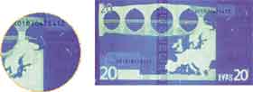 Verso di banconota da venti euro analizzata con la luce ultravioletta.