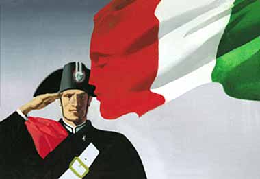 Carabiniere in grande uniforme ridotta è baciato dalla bandiera italiana