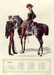 Ufficiale in uniforme ordinaria con spencer e Ufficiale in grande uniforme a cavallo. Mese di Ottobre