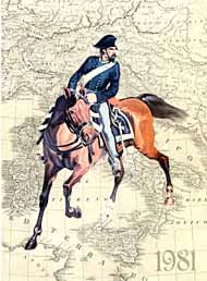Cartina dell'Italia unitaria, in primo piano carabiniere a cavallo in uniforme di campagna 1860
