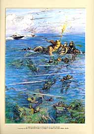 L'Italia nelle vesti di una sirena nuota in mare tra Carabinieri sommozzatori.