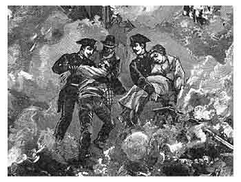 I carabinieri Sinopoli e Bergonzi, con eroico slancio, estraggono dalle fiamme due persone.