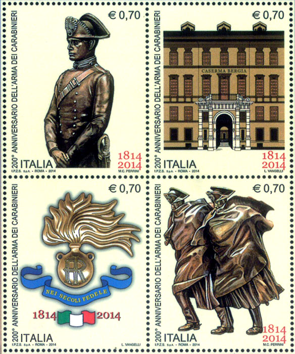 Serie di quattro francobolli raffiguranti, Monumento Nazionale del Carabiniere, Caserma Bergia, Monumento del Bicentenario, Logo del Bicentenario