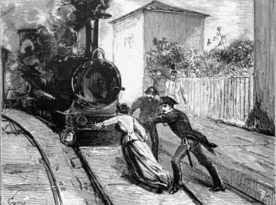 Immagine raffigurante un carabiniere che salva una donna ferma sui binari con un treno in arrivo