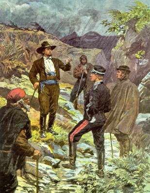 Un tenente dei Carabinieri, disarmato, s'incontra sulle montagne di Burgos, nel Sassarese, col latitante Salis per indurlo a costituirsi. (Da ' La Domenica dei Corriere ' del 9 luglio 1899)