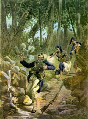 Il soldato Amato cade sotto i colpi dei banditi mentre si accinge a dissetarsi. (Da ' La Tribuna Illustrata ' del 9 luglio 1899)