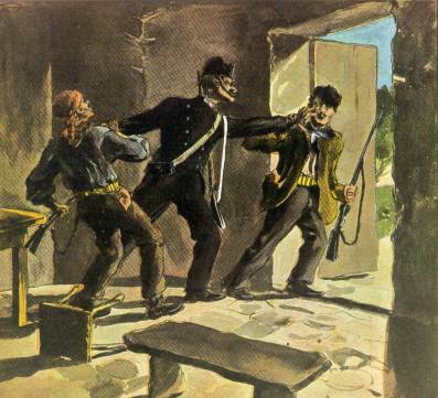 Immagine raffigurante un carabiniere che cattura due briganti