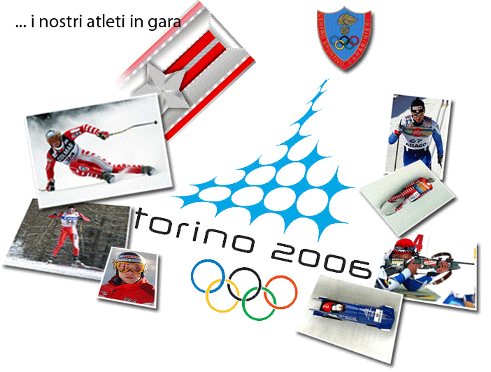 Logo di Torino 2006 ed alcuni carabinieri atleti del Centro Sportivo Carabinieri in azione 